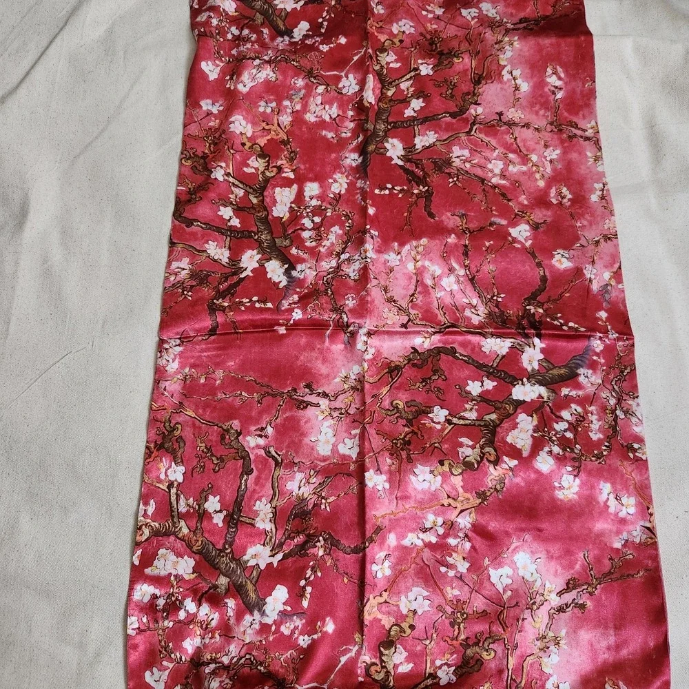 100% Silk Reversible Floral Scarf Pink Red Blossom Tree Branches Long Wrap 66x18